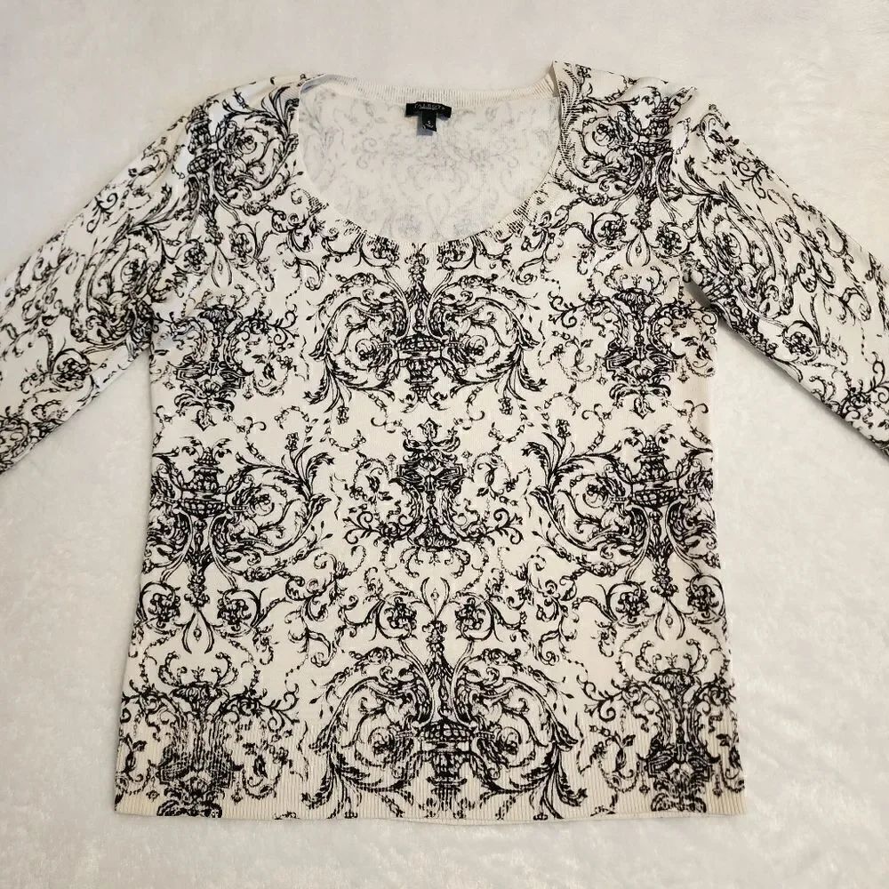 Talbots Womens 3/4 Sleeve Scoop Neck Black and White Floral Print Sweater Size S
